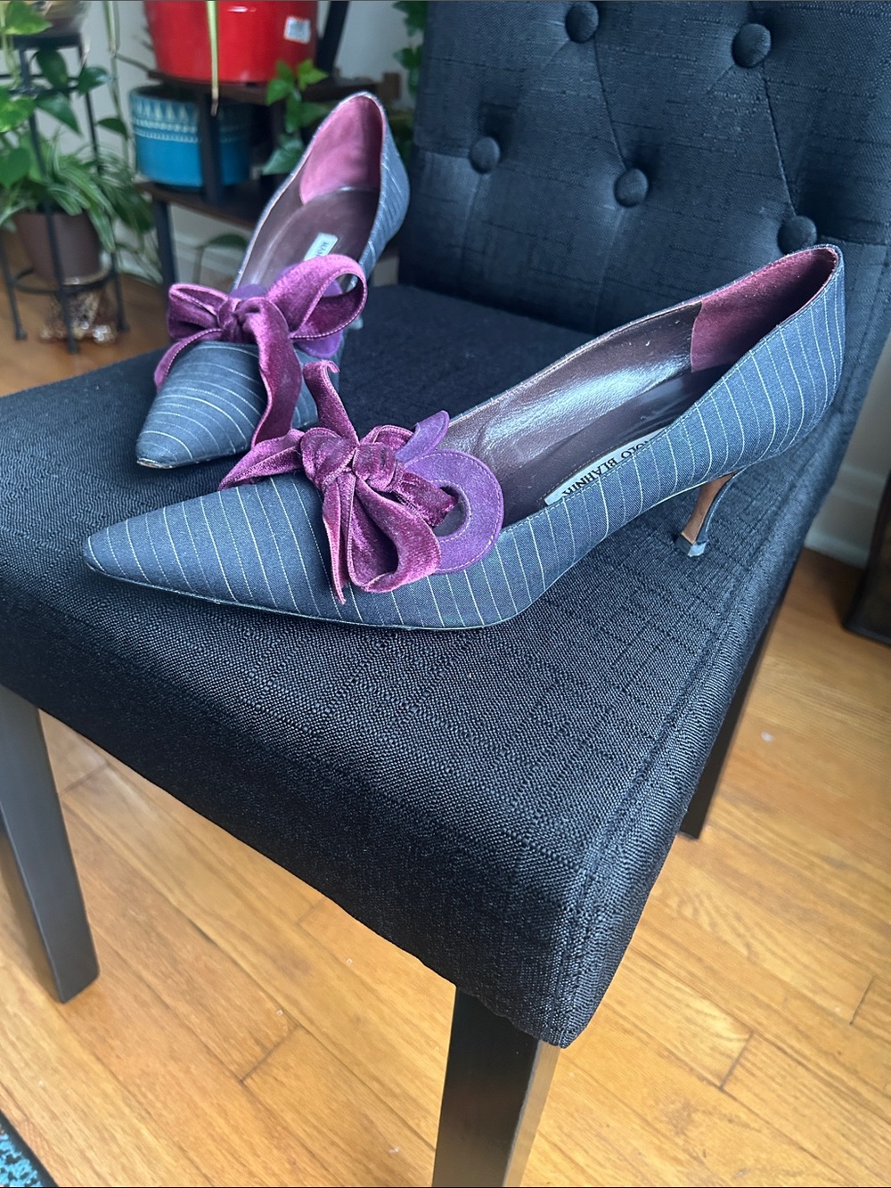 Manolo Blahnik Pinstripe Pointed Pumps with Purple Velvet Bow